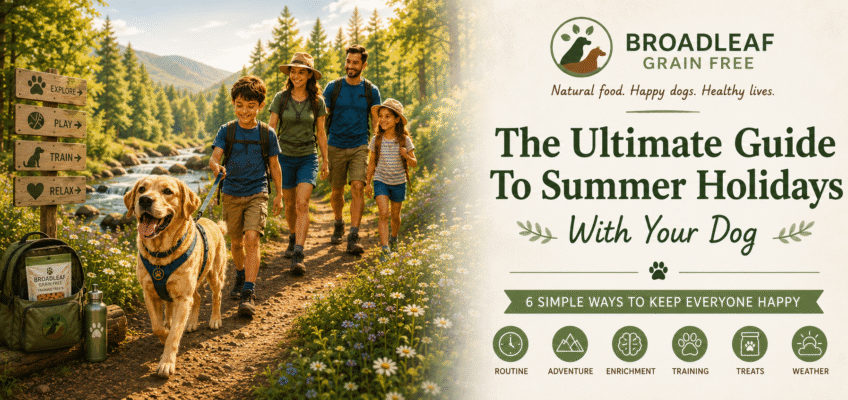 Hero banner for The Broadleaf Dog Guide featuring a family enjoying a countryside walk with their dog during the summer holidays, promoting advice on keeping dogs happy, healthy and safe while enjoying outdoor adventures.