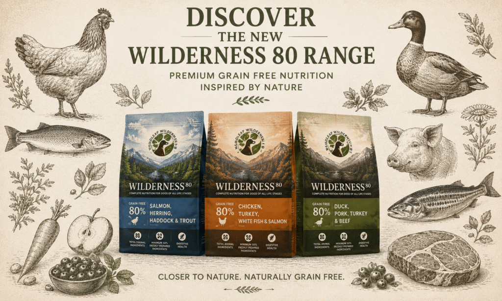 Discover the Broadleaf Wilderness 80 range of premium grain free dog food made with 80% animal ingredients.