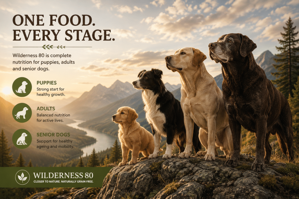 Dogs of different ages enjoying the outdoors representing complete nutrition for every life stage.