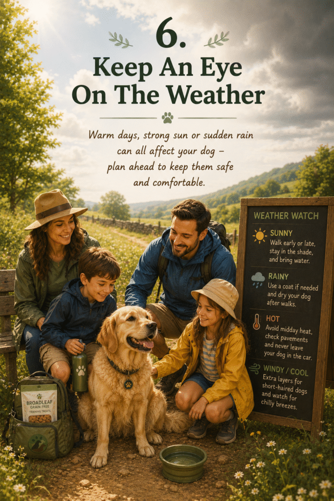 Family taking a break with their dog during a countryside walk, carrying water and natural treats while keeping an eye on changing weather conditions to ensure their dog stays safe and comfortable.