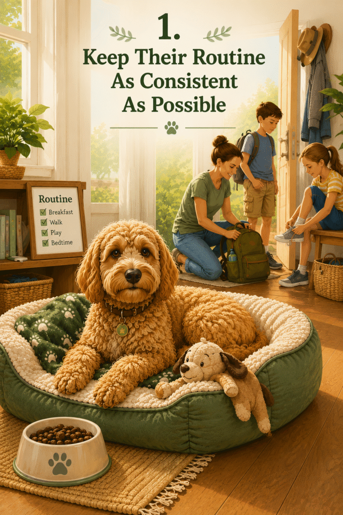 A happy Cockapoo lying comfortably in its bed while a family is getting ready in the background. Mum is packing a picnic, the children are putting shoes on, but the dog is calm because its breakfast bowl, favourite toy and blanket are all in their usual places.