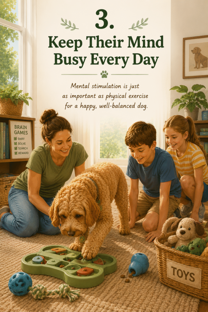 Dog enjoying a puzzle feeder and enrichment game with a family at home, showing how mental stimulation and interactive activities help keep dogs happy and engaged during the summer holidays.