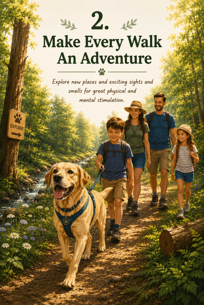 Happy family enjoying a summer woodland walk with their dog, showing how exploring new places provides exercise, mental stimulation and adventure during the school holidays.