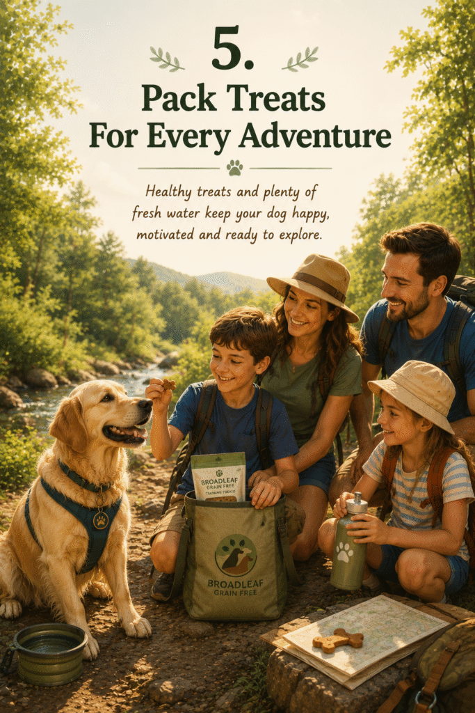 Family enjoying a countryside walk with their dog, carrying a Broadleaf Grain Free treat bag and rewarding good behaviour with natural dog treats during an outdoor adventure.