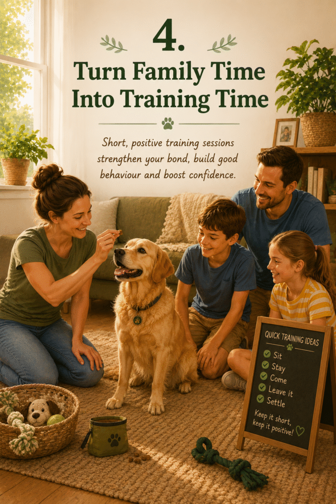 Family rewarding their dog during a fun training session at home, demonstrating how short, positive training sessions build confidence, strengthen bonds and reinforce good behaviour.