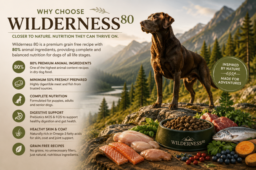 Three Wilderness 80 grain free dog food recipes surrounded by hand illustrated natural ingredients.