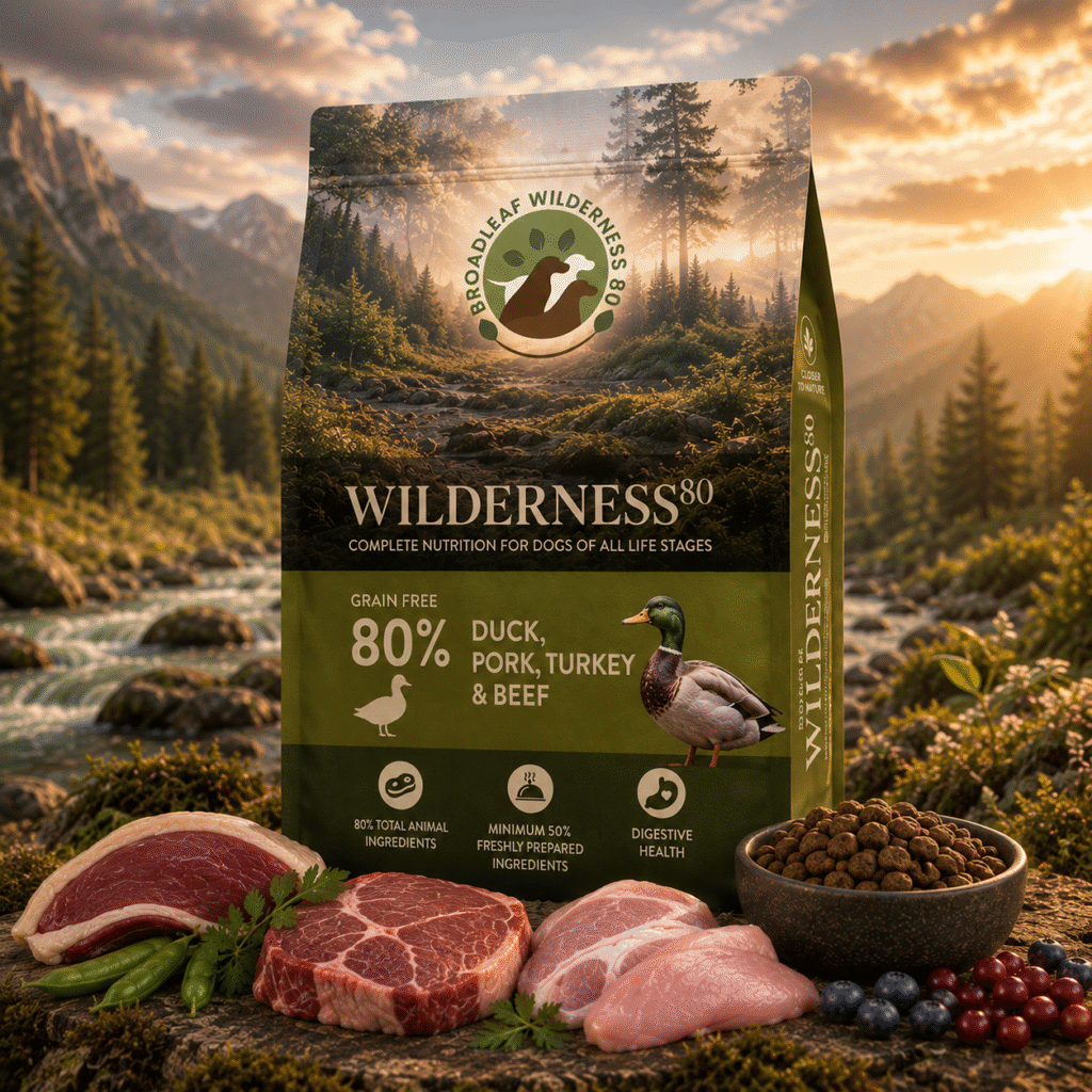 Wilderness 80 Duck, Pork, Turkey & Angus Beef grain free dog food for puppies, adults and senior dogs.
