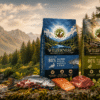 Broadleaf Wilderness 80 premium grain free dog food range with natural mountain landscape.