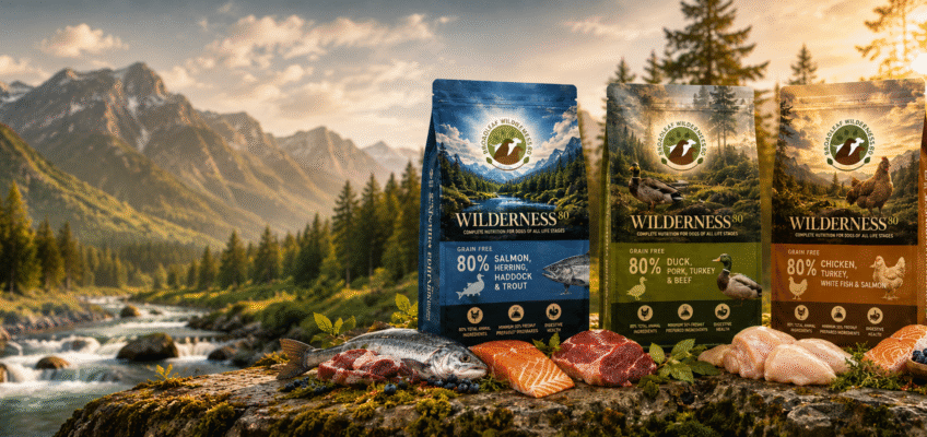 Broadleaf Wilderness 80 premium grain free dog food range with natural mountain landscape.