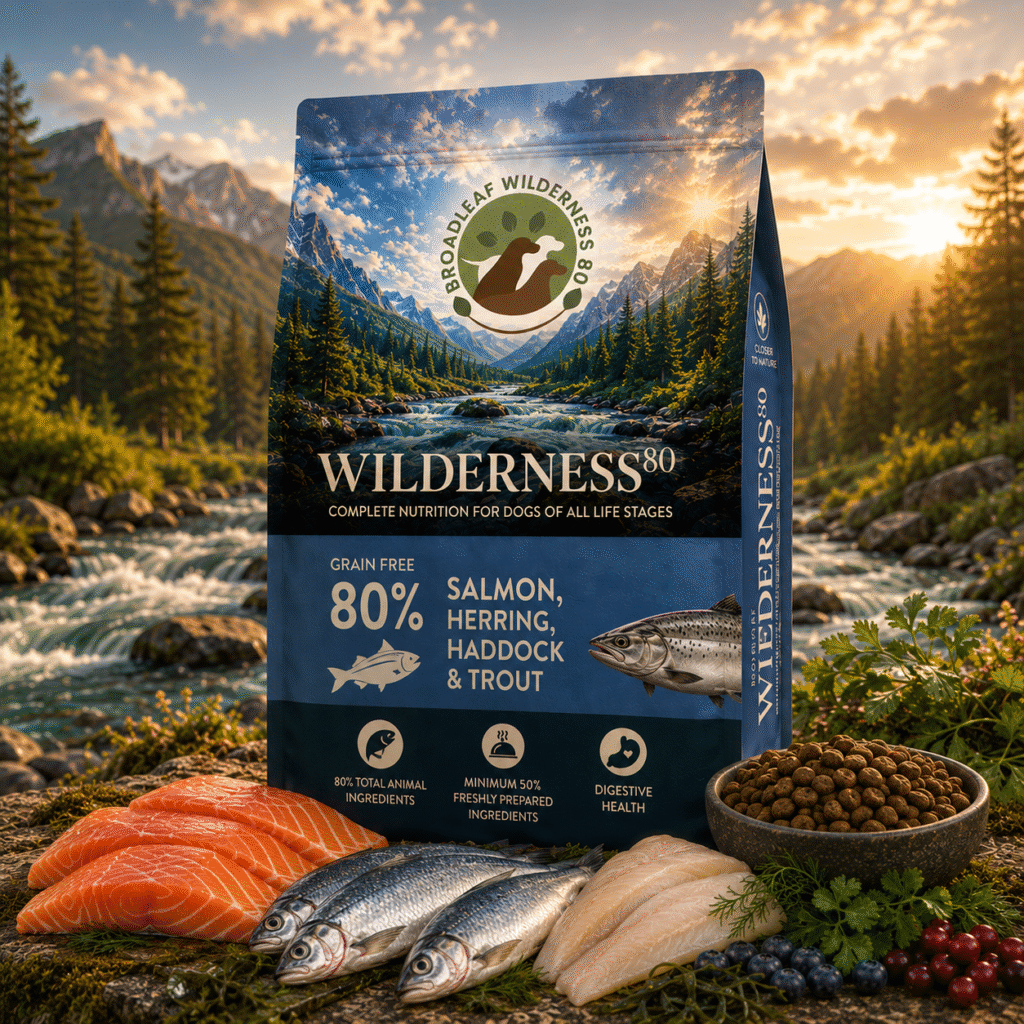 Wilderness 80 Salmon, Herring, Haddock & Trout premium grain free dog food with high fish content.