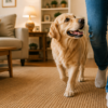 Dog happily following their owner through the house, illustrating why dogs often like to stay close to the people they love.