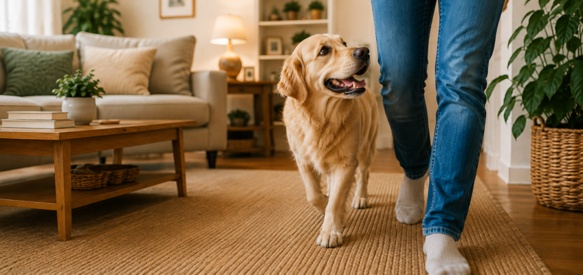 Dog happily following their owner through the house, illustrating why dogs often like to stay close to the people they love.