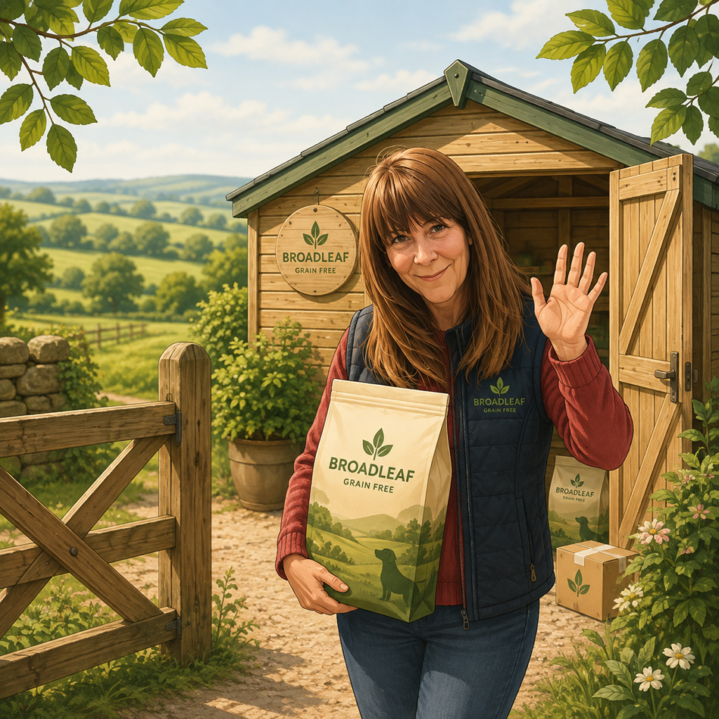Julie from Broadleaf Grain Free welcoming customers to the Click & Collect service outside the Broadleaf collection shed.