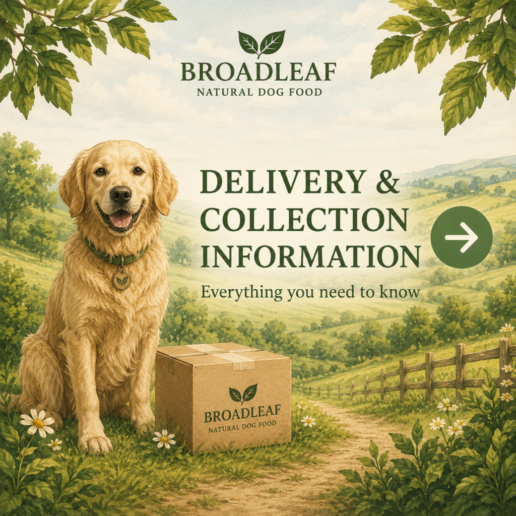 Broadleaf Grain Free delivery and collection information with dog, parcel and countryside illustration.