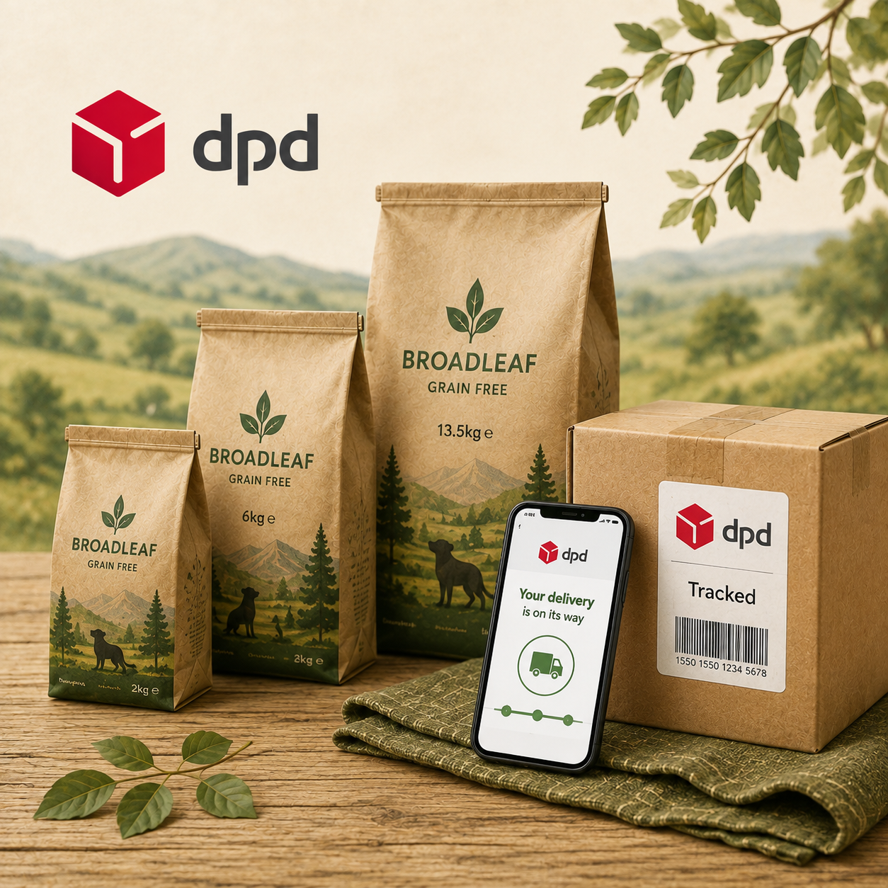 Broadleaf Grain Free dog food delivery via DPD with tracked courier service.