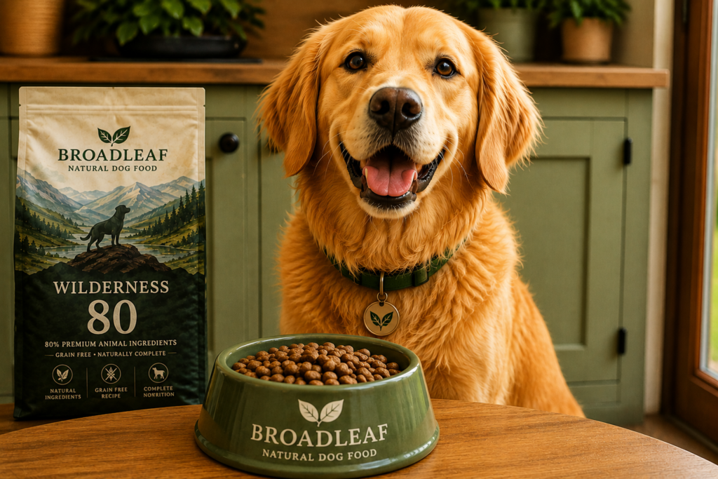 Happy dog excited at mealtime with a bowl of Broadleaf Grain Free dog food.