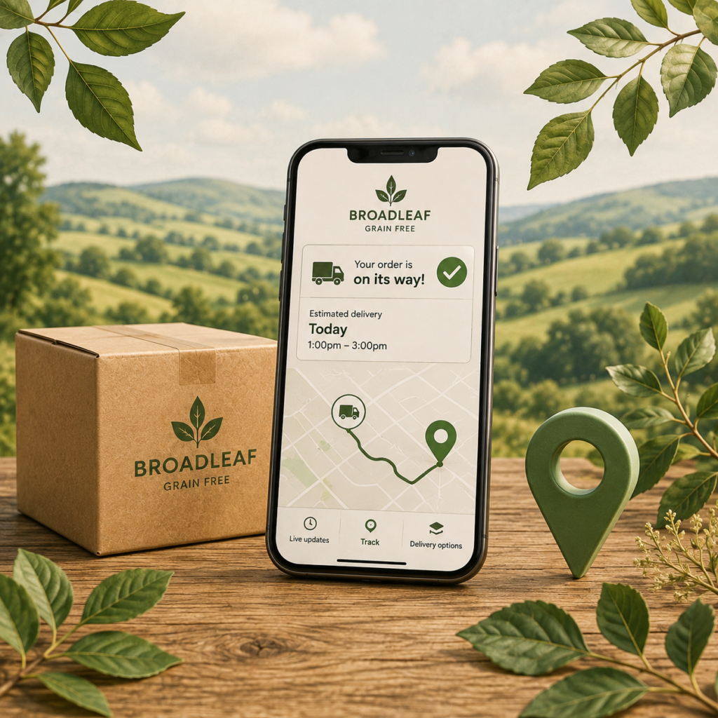 Broadleaf Grain Free delivery tracking on a smartphone with parcel updates and tracked order information.