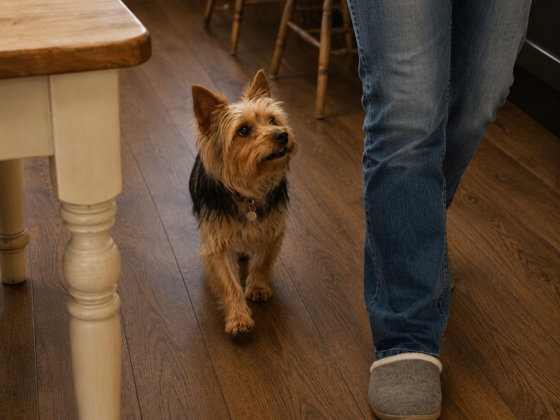 Small dog following her owner through the kitchen as part of her familiar daily routine.