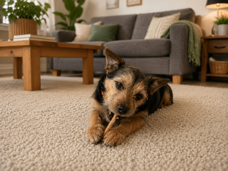 Small dog relaxing independently on the carpet while enjoying a chew in a cosy living room.