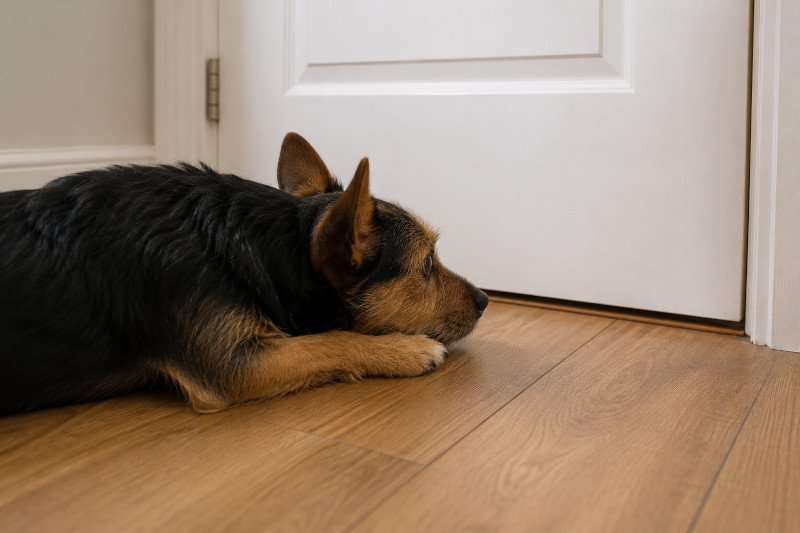 Small dog lying patiently outside a closed door, showing how dogs often like to stay close to their owners.