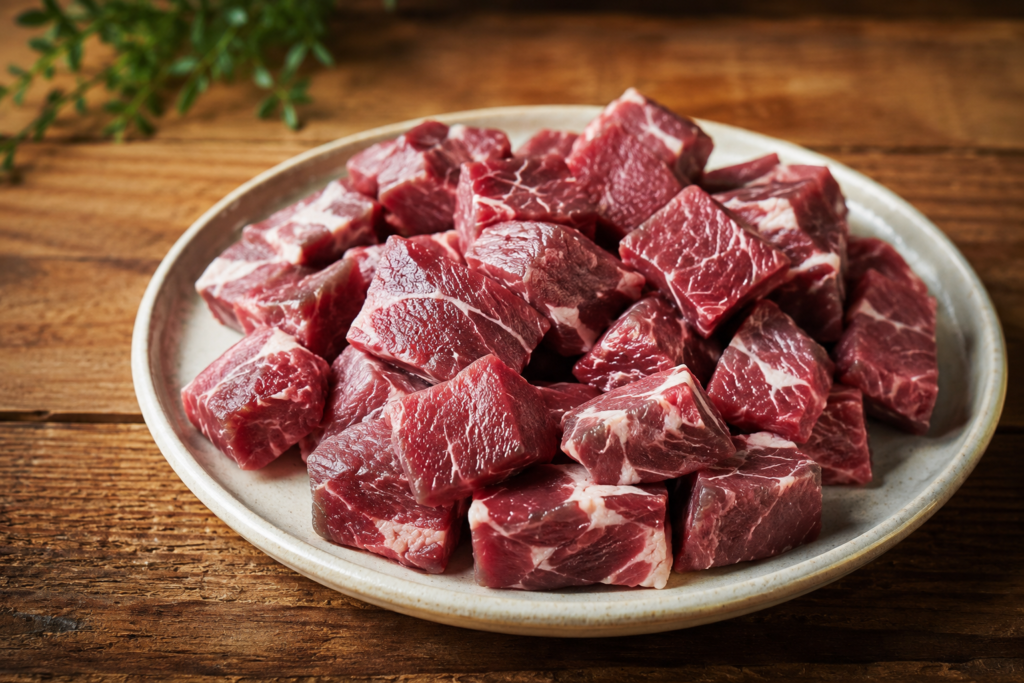 Freshly prepared diced lamb ready for use in premium dog food