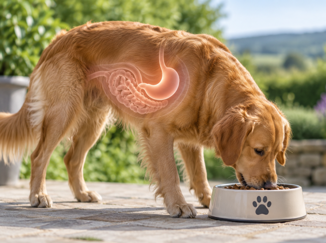 Dog eating dry food with digestive system illustration showing protein digestion
