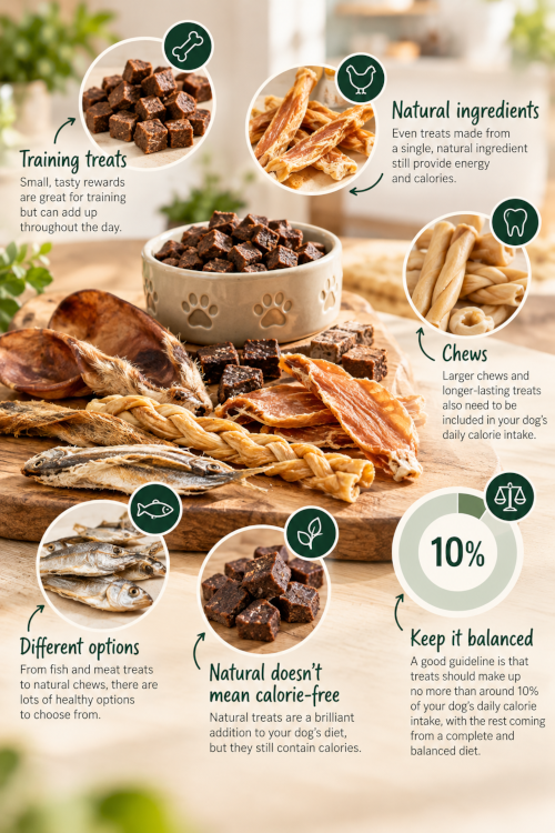 Infographic featuring natural dog treats, including training treats, fish treats and chews, explaining why treats should make up no more than 10% of a dog's daily calories.