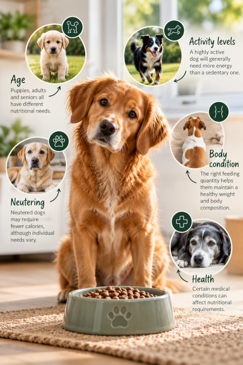 Infographic showing a dog with its food bowl and five factors affecting feeding requirements: age, activity levels, body condition, neutering and health.