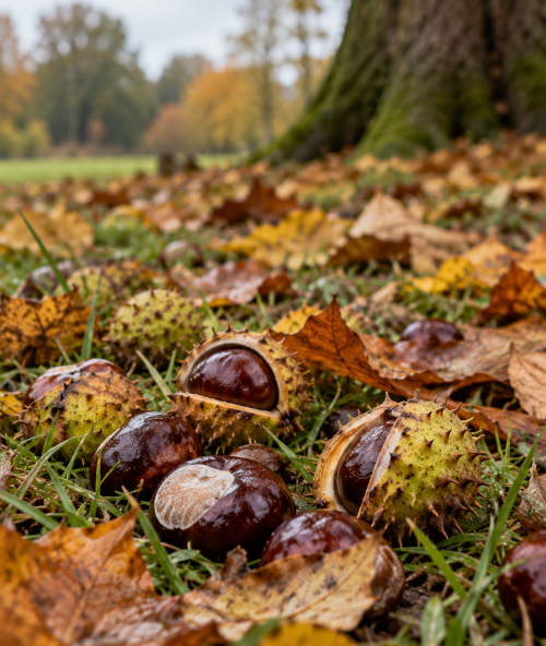 Close-up of fallen conkers and their spiky green husks scattered among damp grass and autumn leaves, with a tree trunk softly blurred in the background.