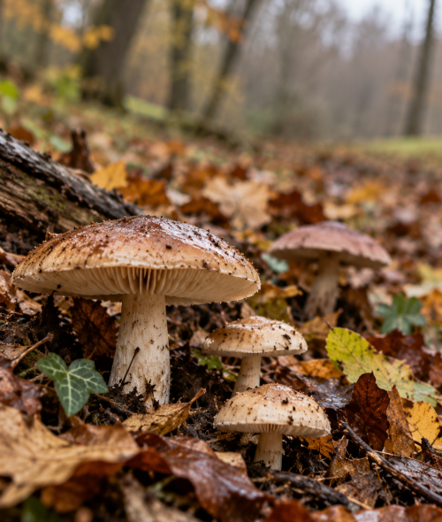 Close-up of wild mushrooms growing among damp fallen leaves and moss on a woodland floor during autumn, with trees softly blurred in the background.