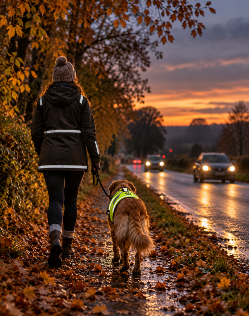 Woman wearing a reflective jacket walking her dog in a high-visibility vest beside a country road at dusk, with approaching cars and autumn leaves along the path.