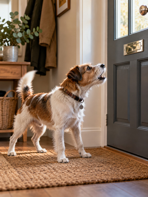 A small brown and white terrier barking at the front door in a cosy hallway after hearing someone arrive.