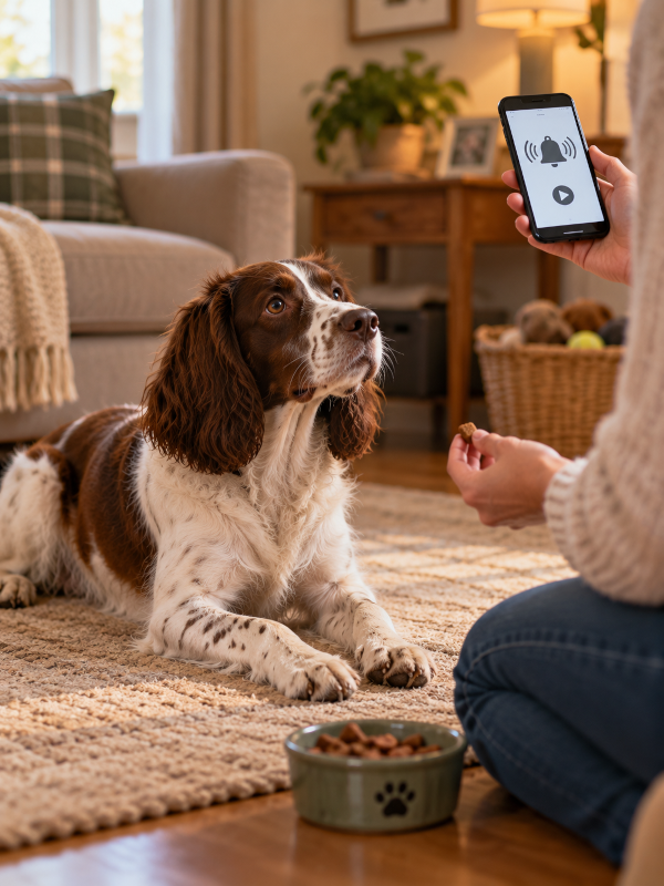 A Springer Spaniel lying calmly on a rug while its owner uses a phone to practise doorbell sounds and rewards the dog with a treat.