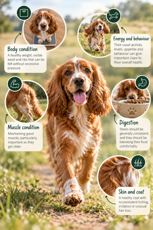 Infographic featuring a Cocker Spaniel highlighting five important indicators of canine wellbeing: body condition, muscle condition, digestion, energy and behaviour, and skin and coat health.