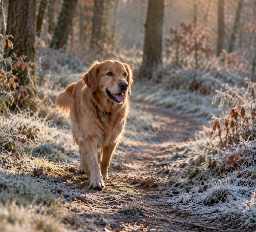 Golden Retriever walking along a frosty woodland path on a cold winter morning, surrounded by bare trees and frost-covered vegetation.