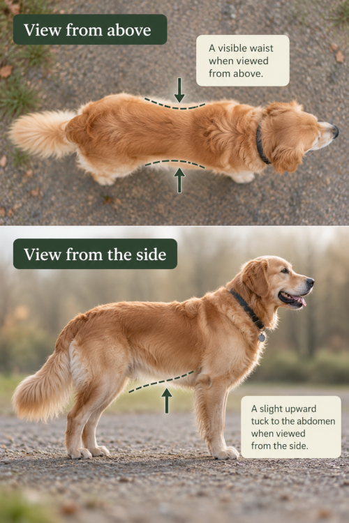 Healthy dog body condition guide showing a Golden Retriever from above with a visible waist and from the side with a slight upward abdominal tuck.